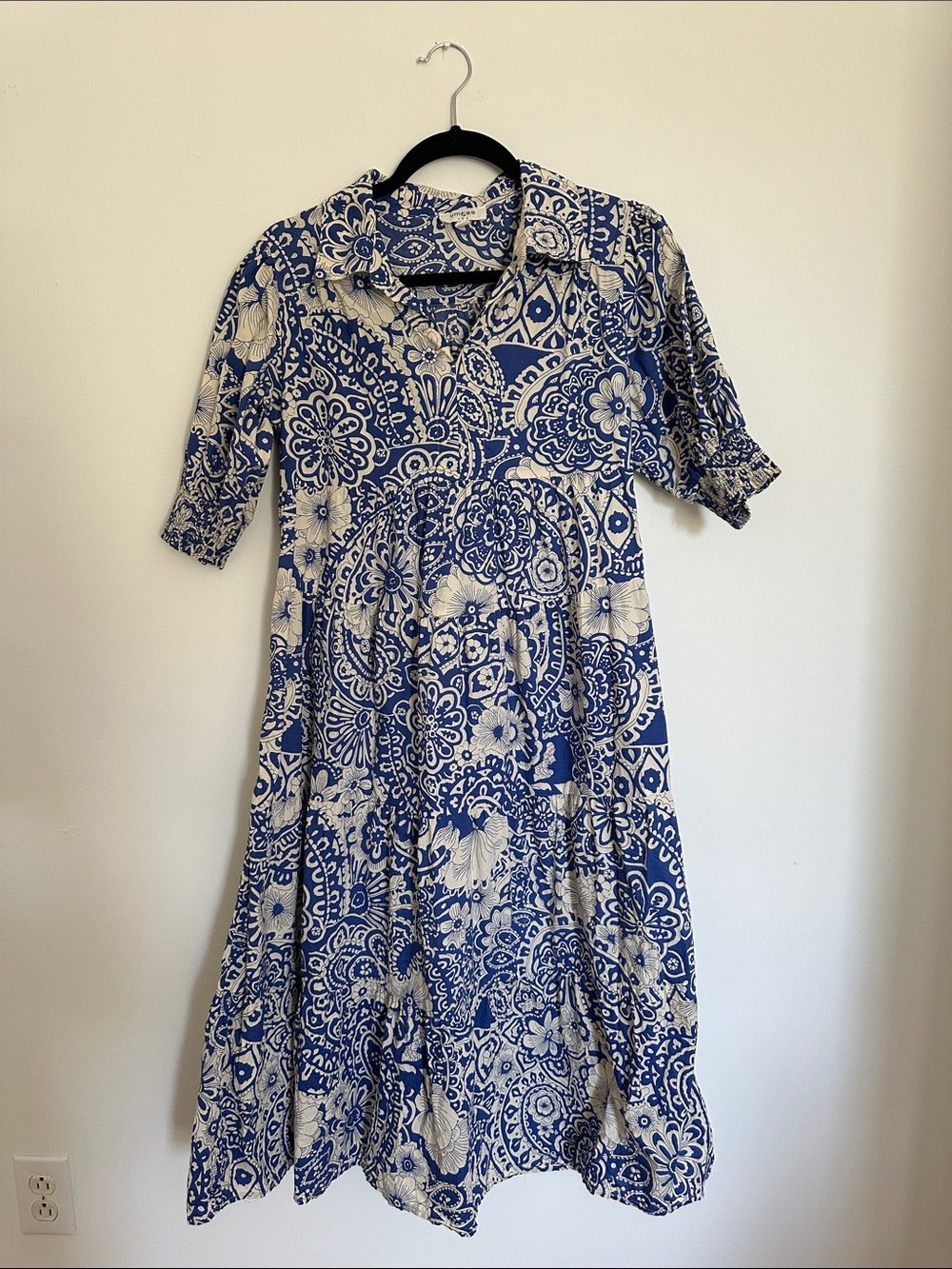 Umgee Blue and Cream Boho Paisley Midi tiered Dress- Size Small